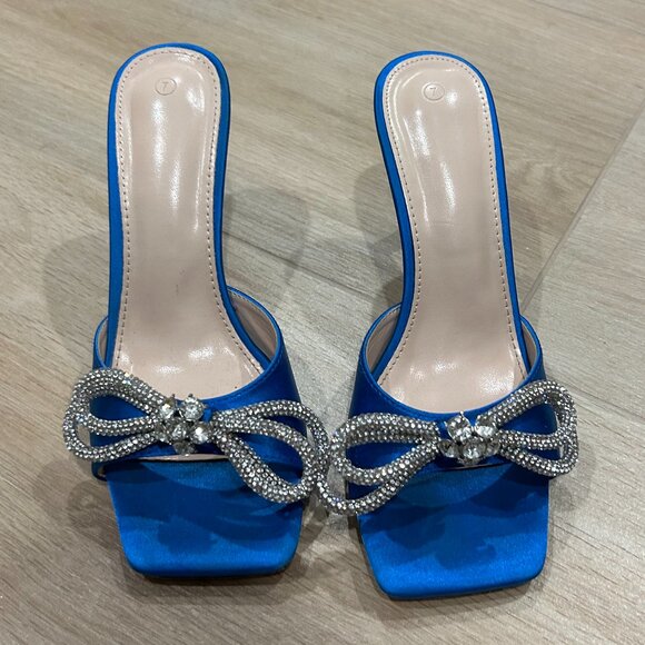 Embellish Rhinestone Bow Blue High Heel Sandals - Picture 2 of 5